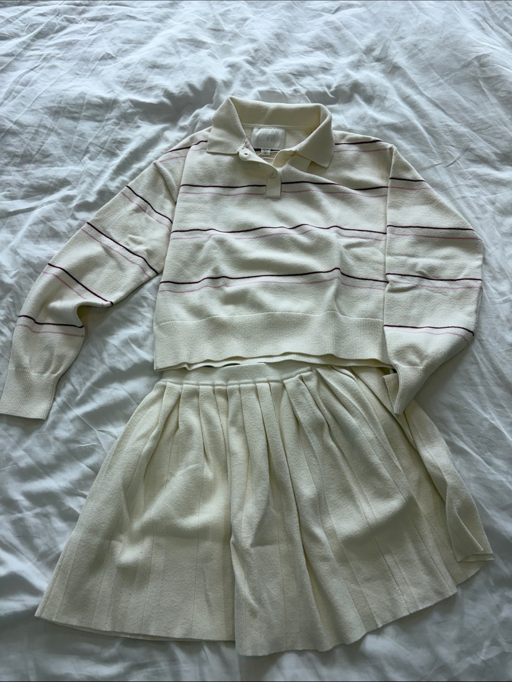 Zara Cream Knit Polo and Pleated Skirt Set with Thin Burgundy Stripes